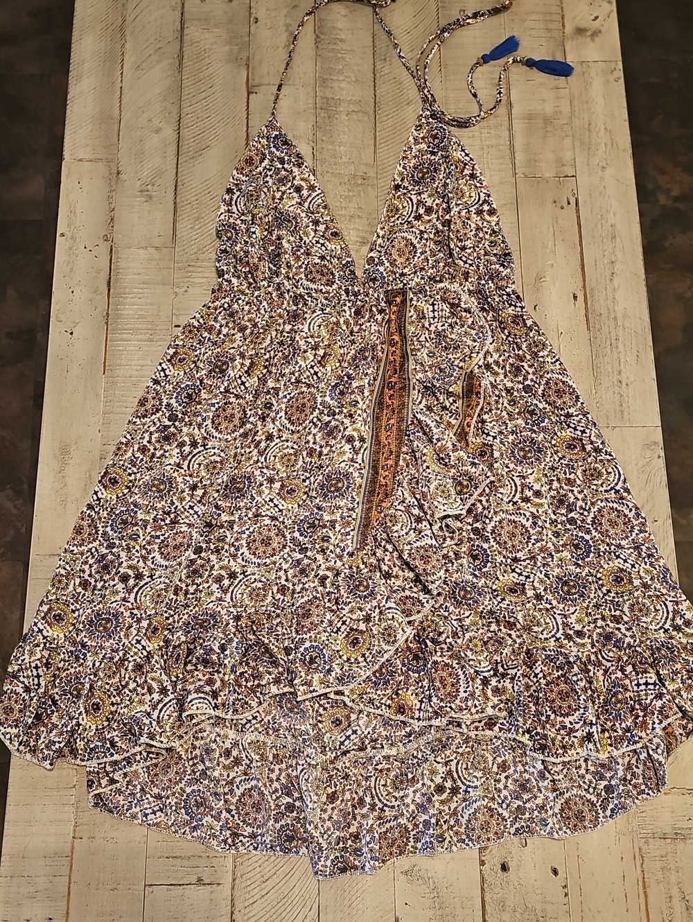 Boho Halter Sundress in Blue, Brown & Cream